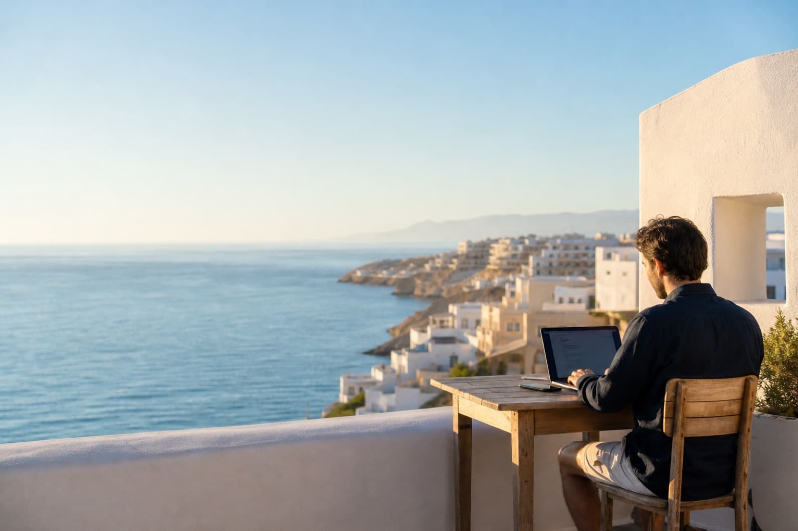 Remote founder working from a Mediterranean terrace